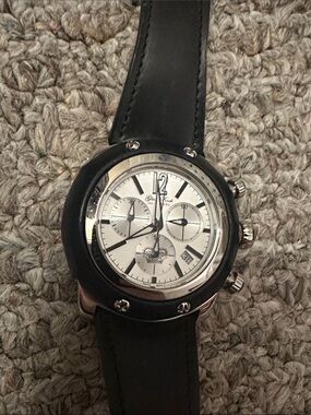 Men's Black Leather Chronograph Watch with Silver Dial - Glam Rock